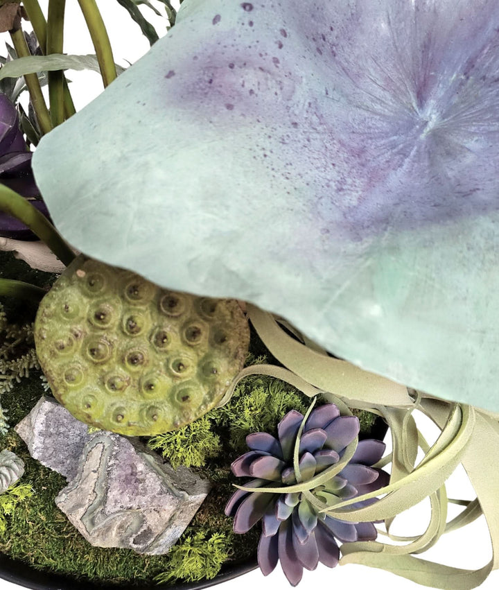 Hand Painted Leaf, Amythest, Lotus Pods, Fern, Grapewood and Succulents in Bowl 27"H