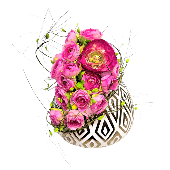 Ranunculus with Leafy Vine in Short Graphic Ceramic 16"H