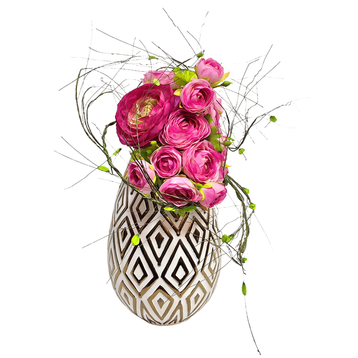 Ranunculus with Leafy Vine in Tall Graphic Ceramic 21"H