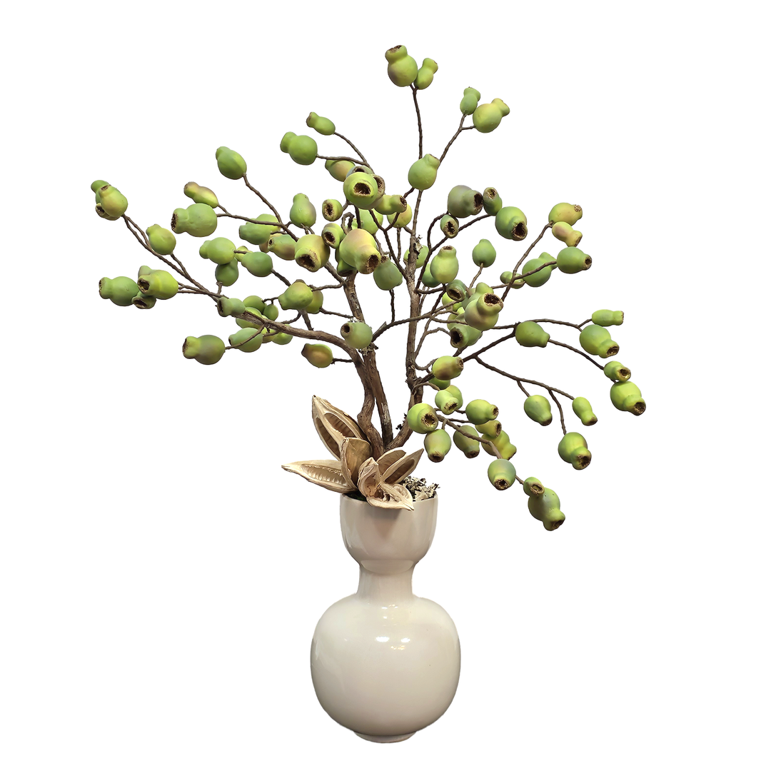 Eucalyptus Pods Drilled on Branches with Sora Pods in Ceramic 32"H