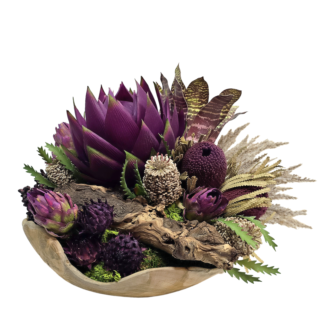 Giant Purple Protea, Dried Banksia, Bromeliad Pampas Grass, Protea and Wood Fragment in Wood Bowl 14"H