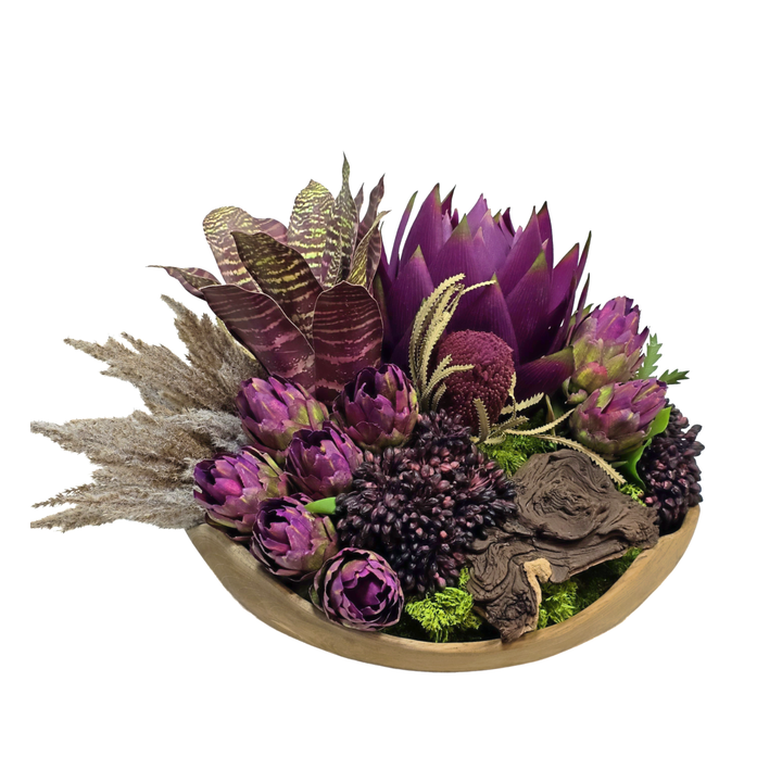 Giant Purple Protea, Dried Banksia, Bromeliad Pampas Grass, Protea and Wood Fragment in Wood Bowl 14"H