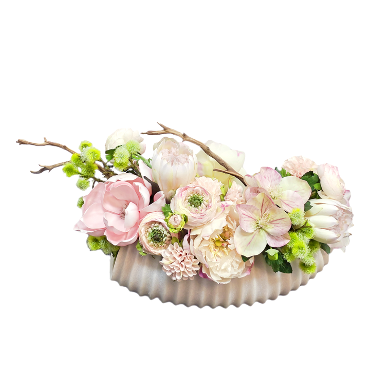 Dahlia, Peony, Protea, Ranunculus, Magnolia Pick, and Manzanita Branch in Ribbed Bowl. 10"H