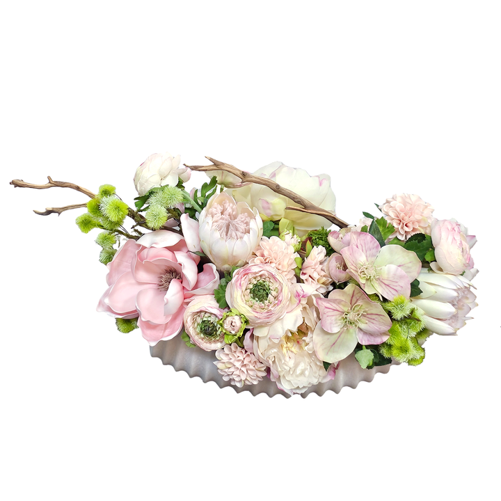 Dahlia, Peony, Protea, Ranunculus, Magnolia Pick, and Manzanita Branch in Ribbed Bowl. 10"H