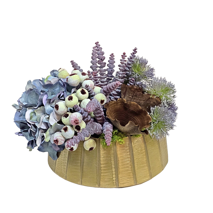 Hydrangea, Mixed Berries, Calice, and Succulents in Metal Boat. 11"H