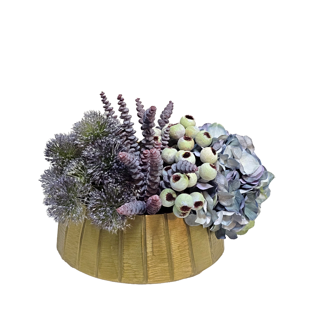 Hydrangea, Mixed Berries, Calice, and Succulents in Metal Boat. 11"H
