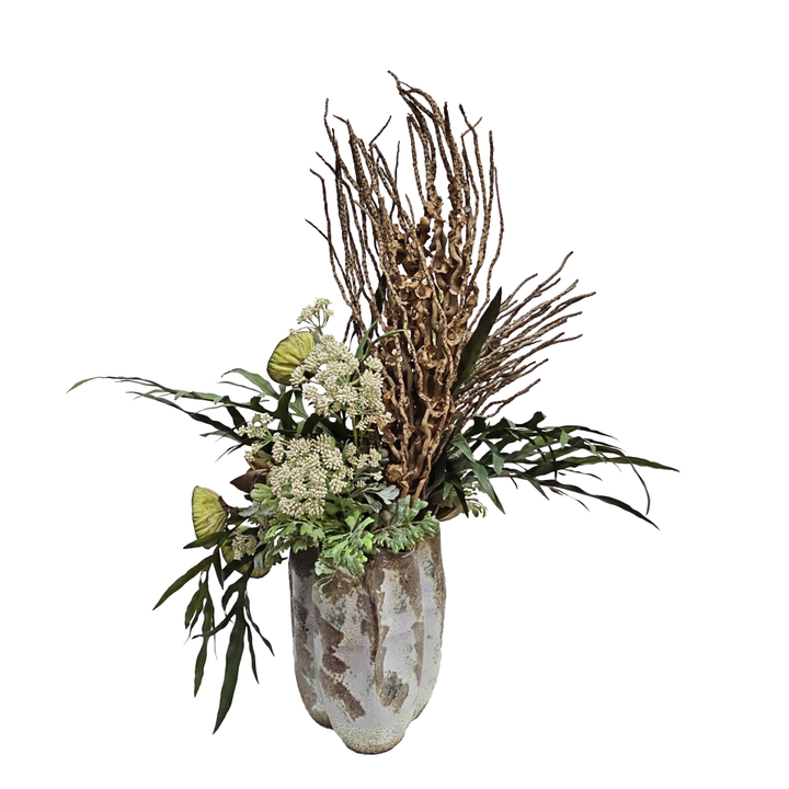 Coco Jhar, Lotus Pods, Star and Sora Pods and Ferns in Decorative Ceramic 40"H