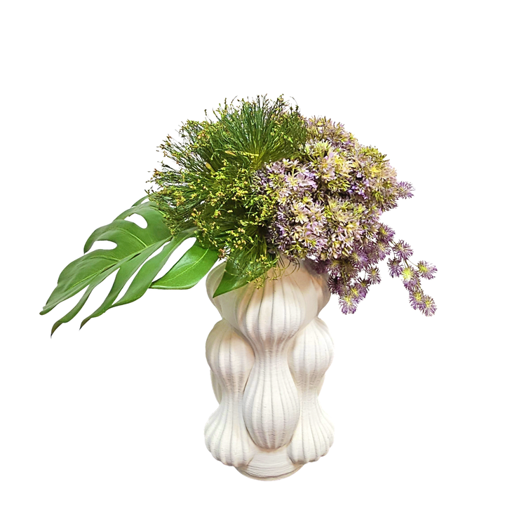 Split Philo Leaf, Allium, Pompon Blossom, and Cypress Bloom in Textured White Ceramic Vase. 20"H