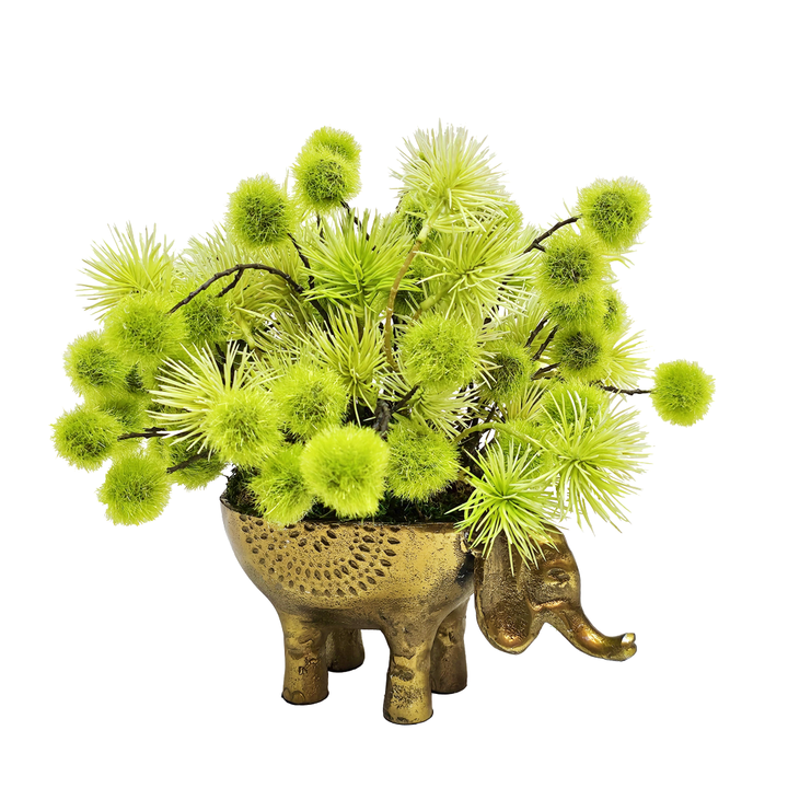 Spiny Pods and Moss Ball Spray in Metal Elephant Vase. 12"H