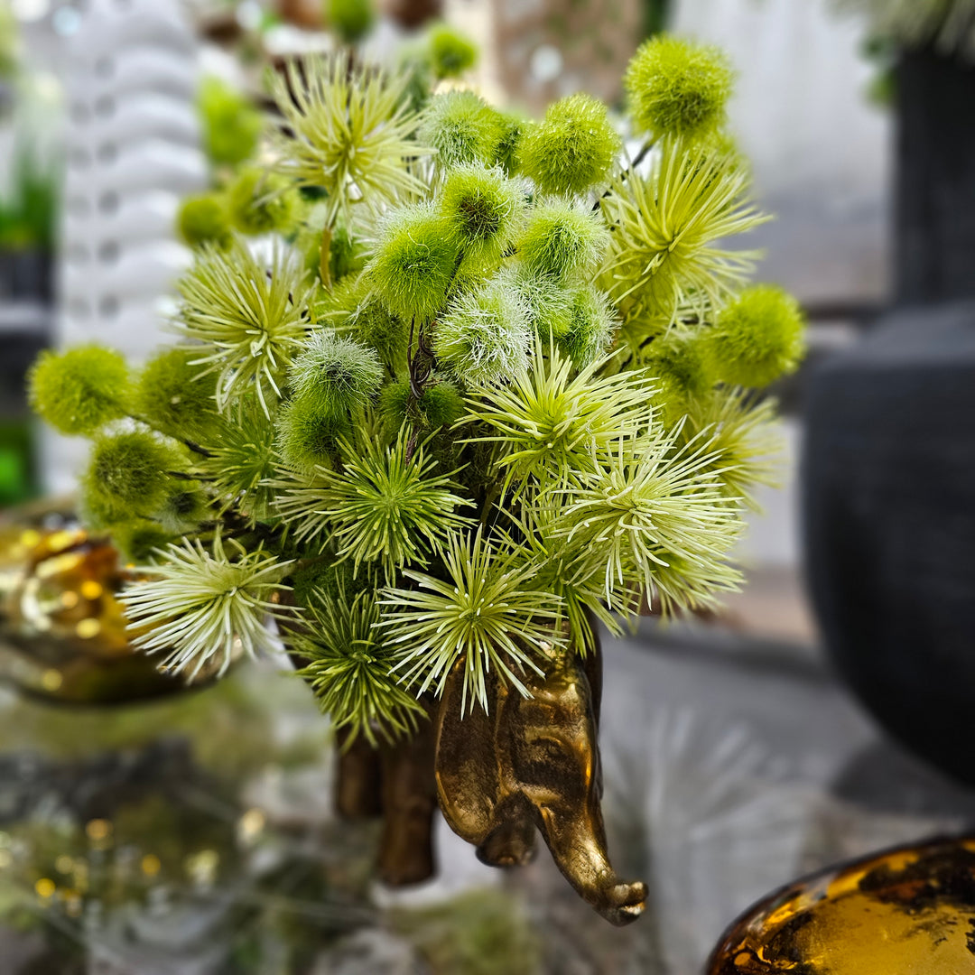 Spiny Pods and Moss Ball Spray in Metal Elephant Vase. 12"H