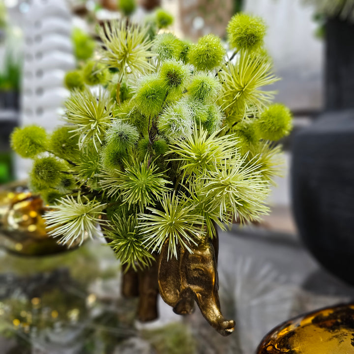 Spiny Pods and Moss Ball Spray in Metal Elephant Vase. 12"H