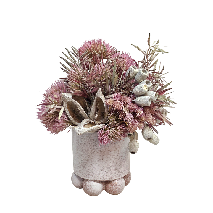 Thistle, Plum Fern, Sora and Bell Gum Pods in Footed Ceramic 15"H
