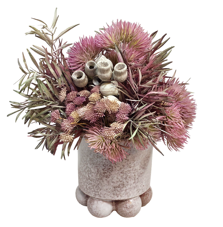 Thistle, Plum Fern, Sora and Bell Gum Pods in Footed Ceramic 15"H