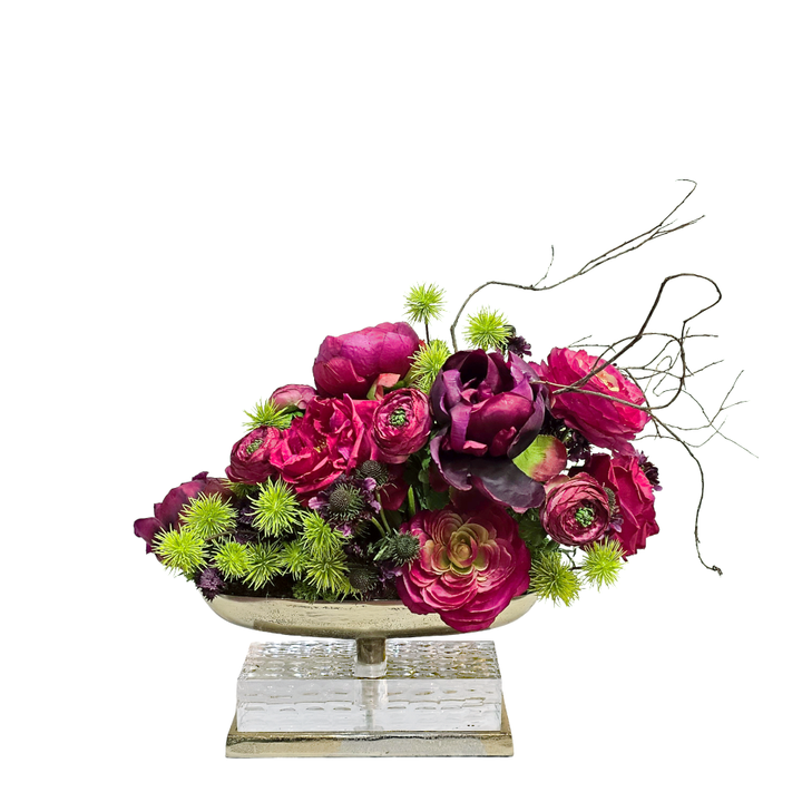 Rose, Ranunculus and Dahlia Floral with Tiger Wood in Metal Oval on Acrylic Base 21"H