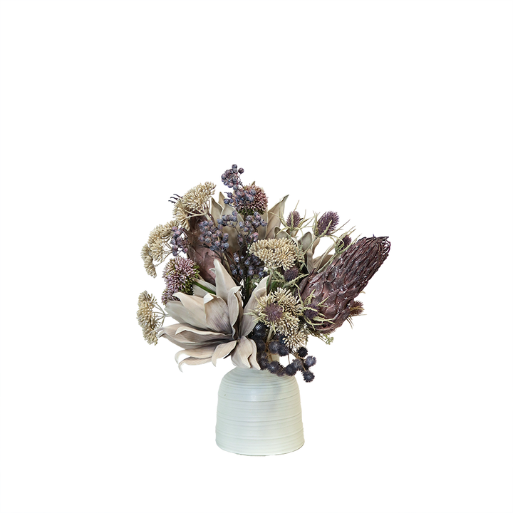 Thistle, Artichoke, Allium, Cow Parsnip, and Berries in Vase. 23"H