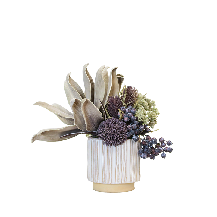 Artichoke, Thistle, Sedum, and Allium in Ceramic Pot 10"H