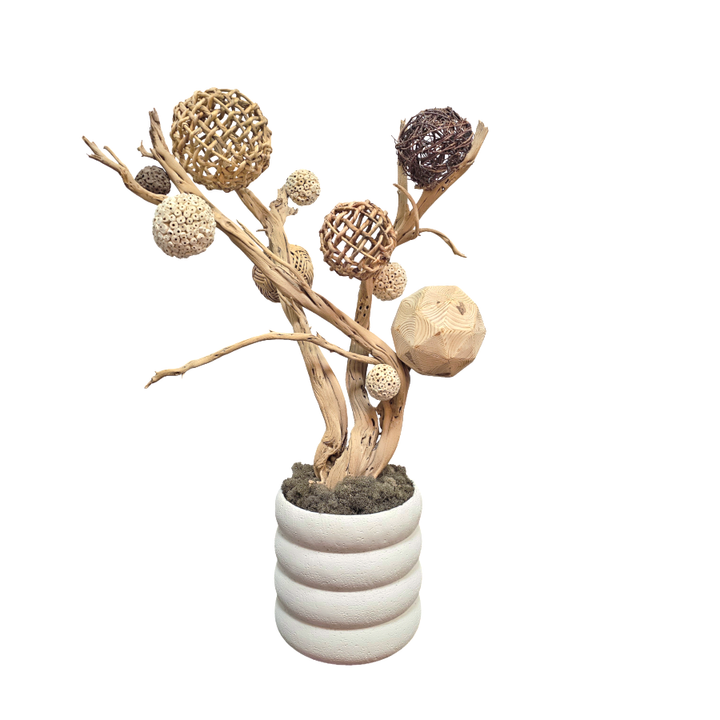 Mixed Natural Spheres on Sandblasted Ghostwood Sculpture in Ribbed Ceramic 36"H