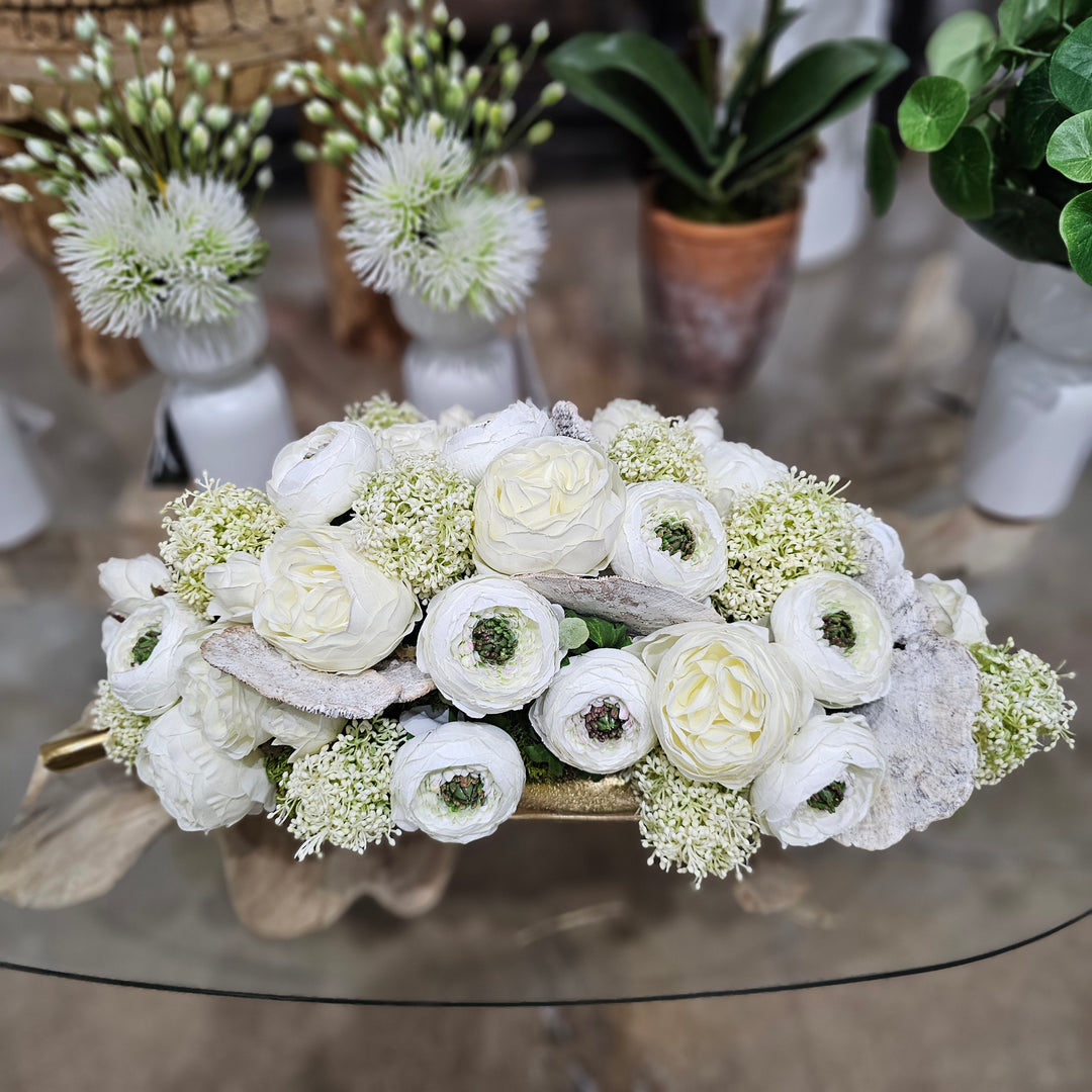 Ranunculus, Roses, Skimmia Spray, and Mushrooms in Metal Leaf Tray. 9"H