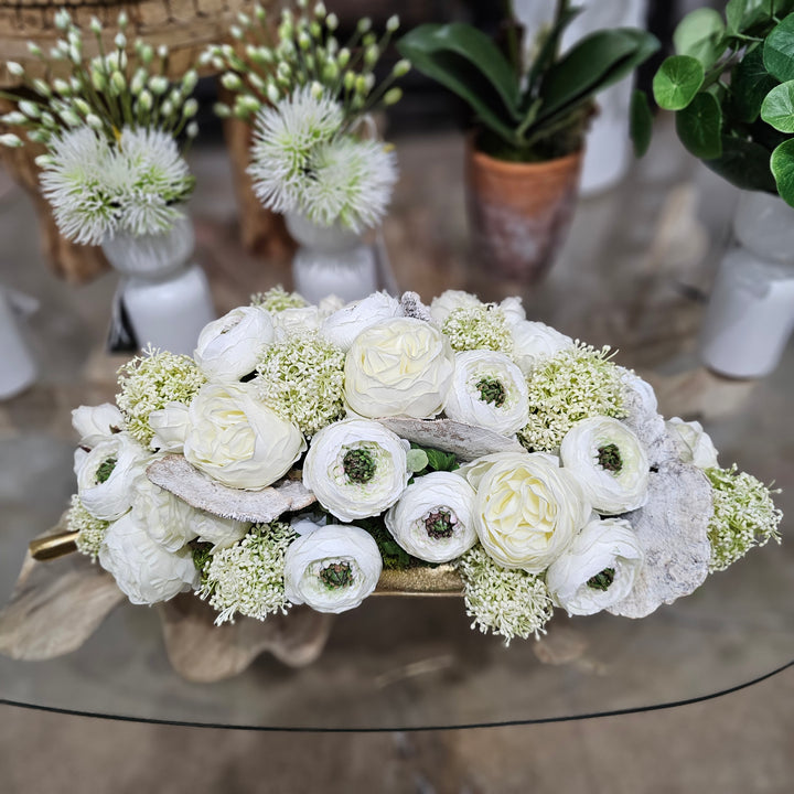Ranunculus, Roses, Skimmia Spray, and Mushrooms in Metal Leaf Tray. 9"H
