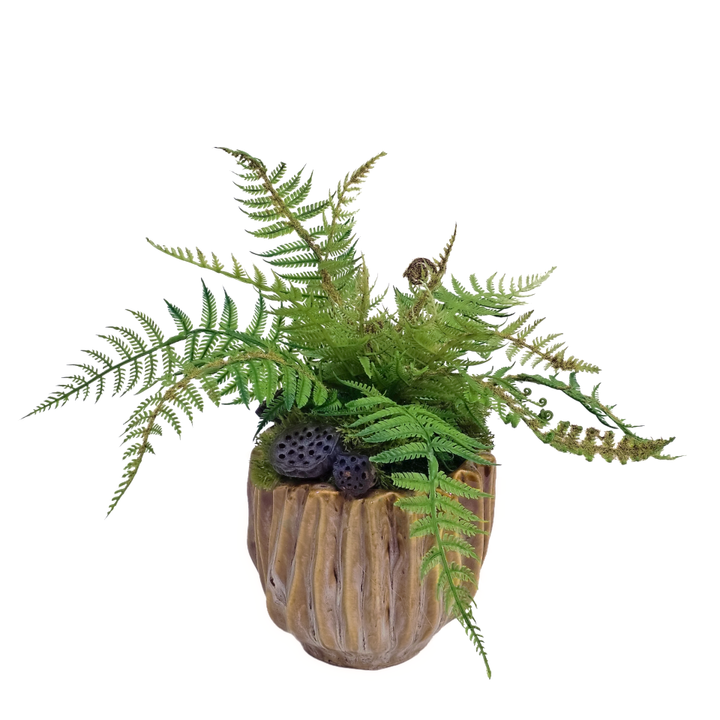 Fern with Dried Lotus Pods in Ribbed Ceramic 11.5"H