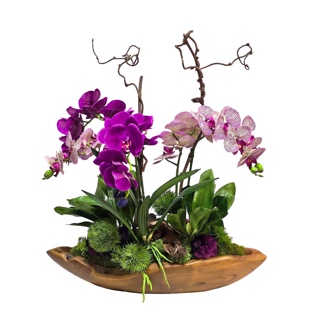 Orchids, Dianthus, Wood Fragment and Leaves in Teak 26"H X 26"W X 20"D