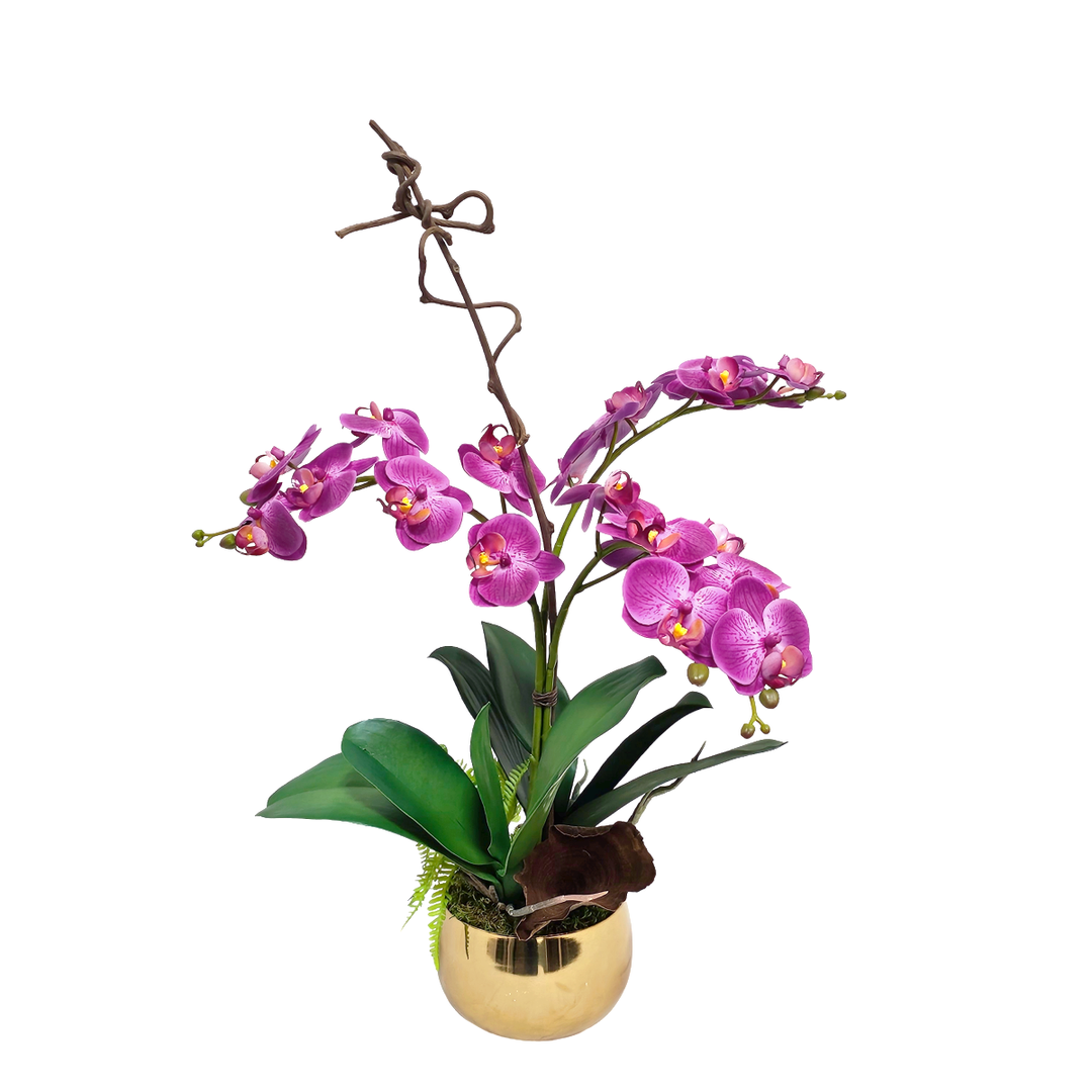 Orchids with Calice and Fern in Metal Bowl 22"H X 15"DIA
