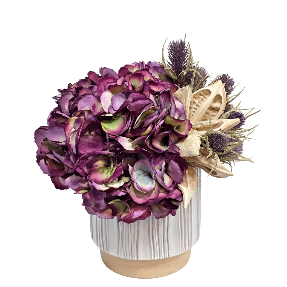 Hydrangea, Thistle Spray, and Sora Pod in Pot 14"H X 13"DIA