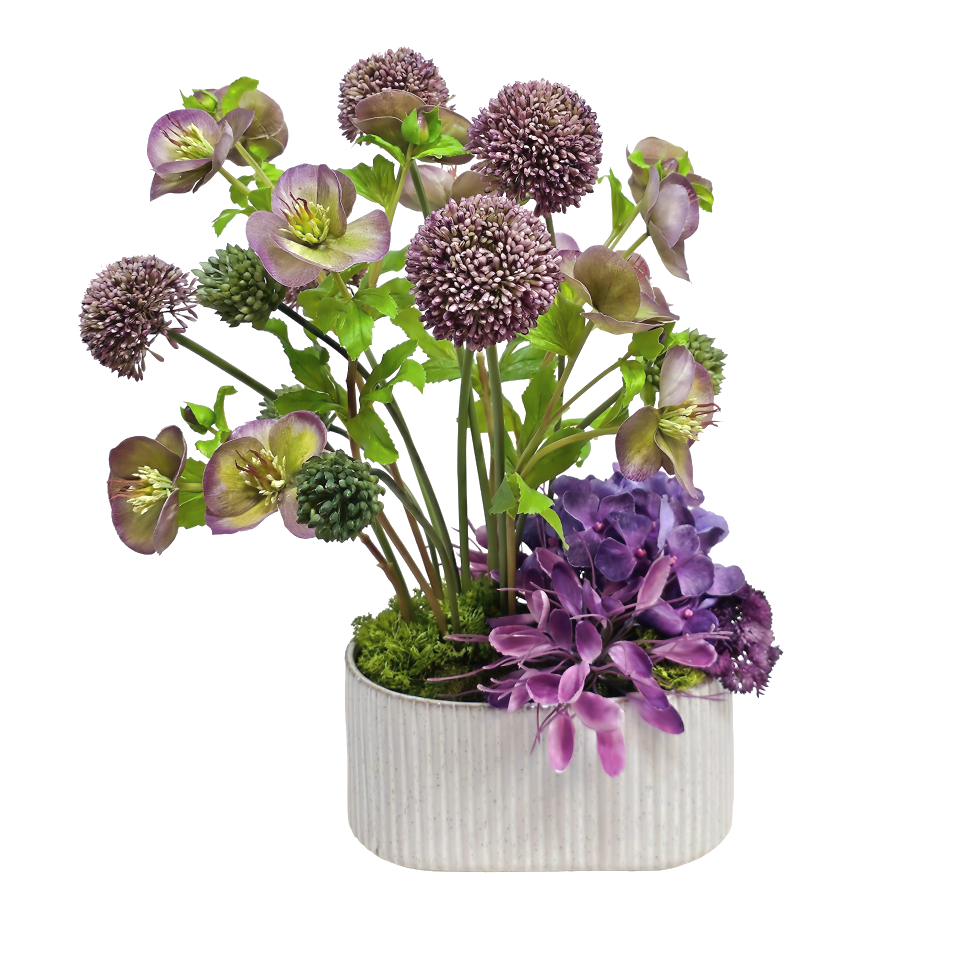 Allium, Hellebores, Sedum, Hydrangea, and Cleome Spinosa Spray in Planter 19"H X 16"W X 16"D