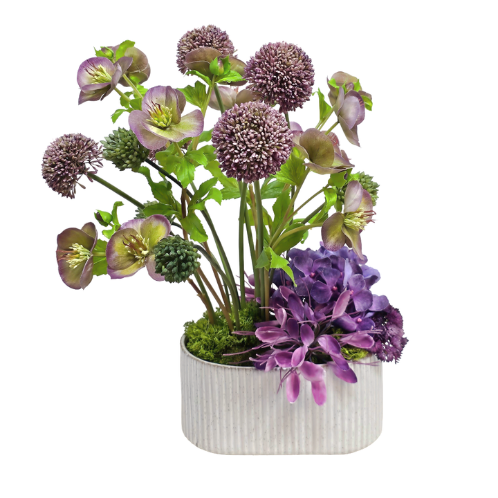 Allium, Hellebores, Sedum, Hydrangea, and Cleome Spinosa Spray in Planter 19"H X 16"W X 16"D
