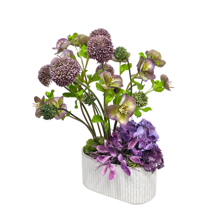Allium, Hellebores, Sedum, Hydrangea, and Cleome Spinosa Spray in Planter 19"H X 16"W X 16"D