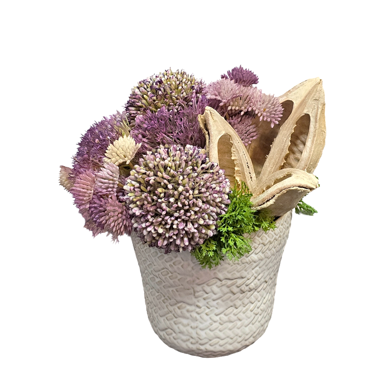 Allium, Mini Flowers, Yarrow, and Sora Pods in Ceramic 8"H X 8"DIA