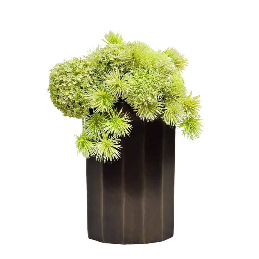 Spiny Pod, Yarrow and Snowball Spray in Metal Vase 16.5"H X 11"W X 10"D