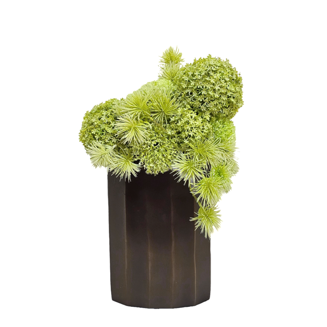 Spiny Pod, Yarrow, and Snowball Spray in Metal Vase 17"H x 11"W x 11"D