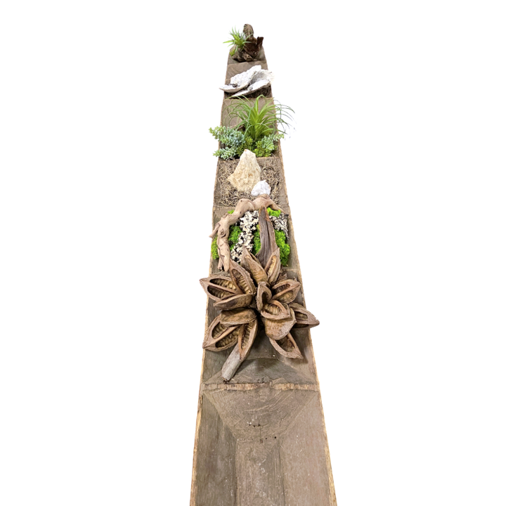 Antique Oblong Spice Tray with Geode, Star Pod, Natural Fiber Spheres, Driftwood and Succulents 9"H X 78"W X 10"D