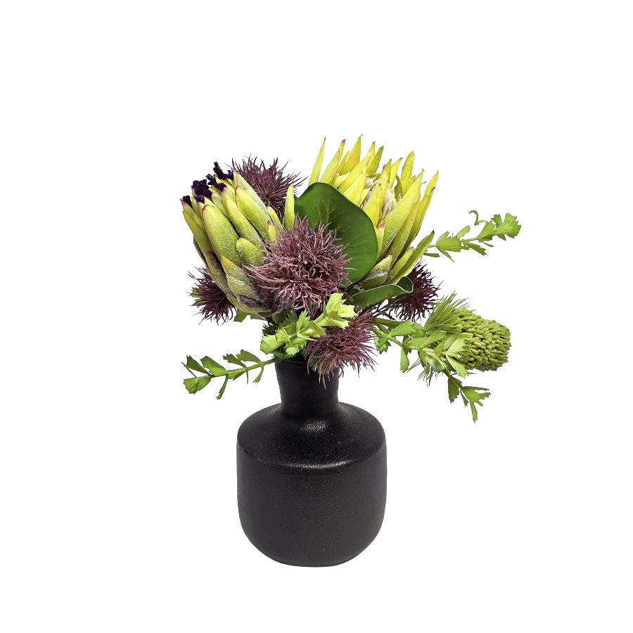 Mixed Proteas and Banksia in Bottle Vase 15"H x 14"W x 12"D