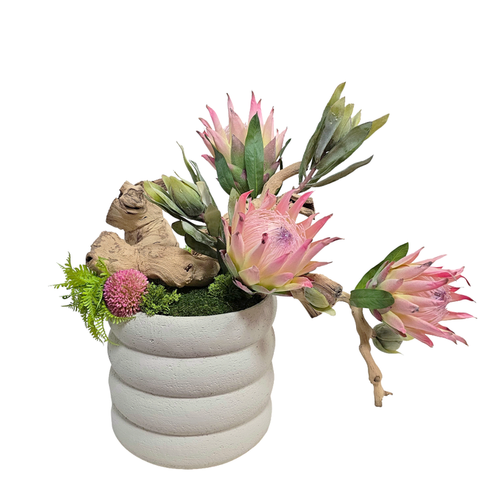 King Protea, Ghostwood, and Allium in Ribbed Ceramic 20"H x 23"W x 17"D