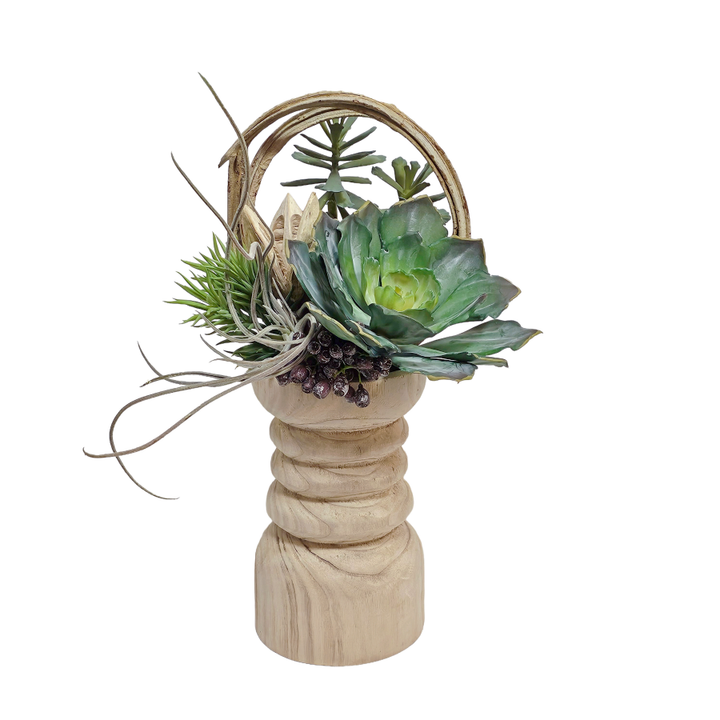 Mixed Succulents with Curly Vine and Conical Gum Branch in Wooden Pillar Container