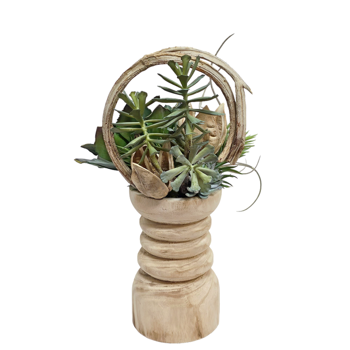 Mixed Succulents with Curly Vine and Conical Gum Branch in Wooden Pillar Container