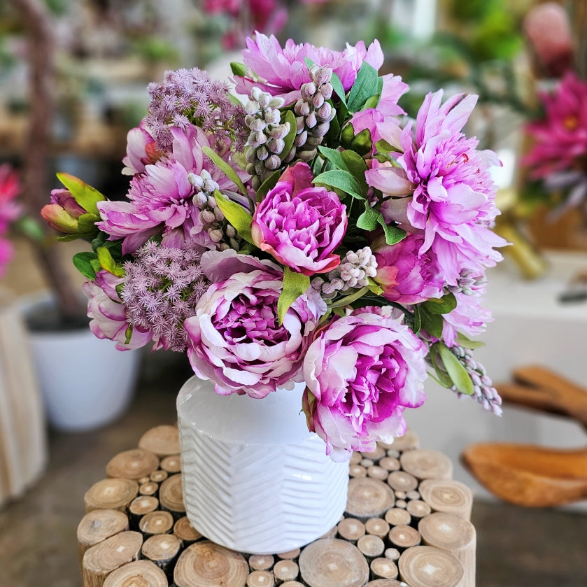 Lavender Mixed Floral in White Ceramic Vase 17"H x 15"W x 12"D