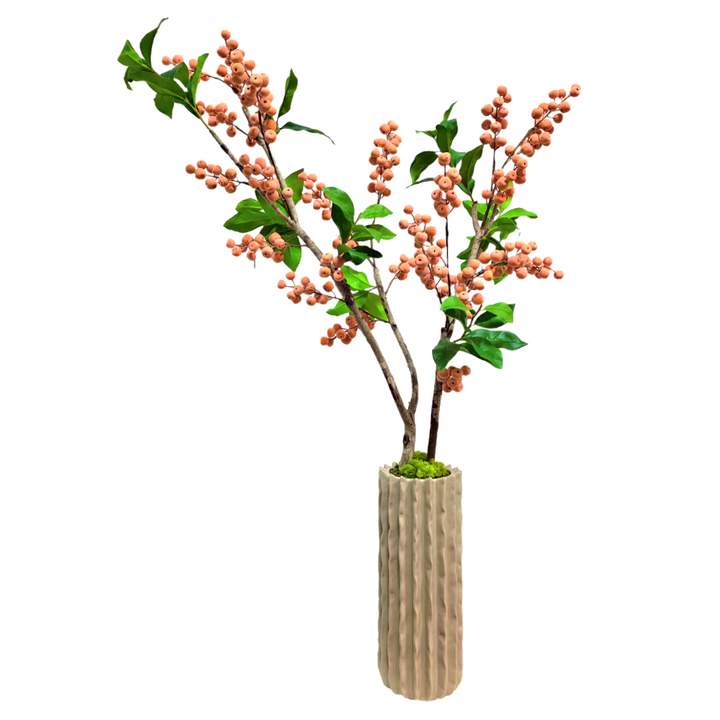 Orange Berries Hand Drilled onto Natural Branches in Textured Ceramic 47"H x 31.5"W x 18.5"D