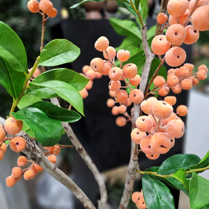Orange Berries Hand Drilled onto Natural Branches in Textured Ceramic 47"H x 31.5"W x 18.5"D