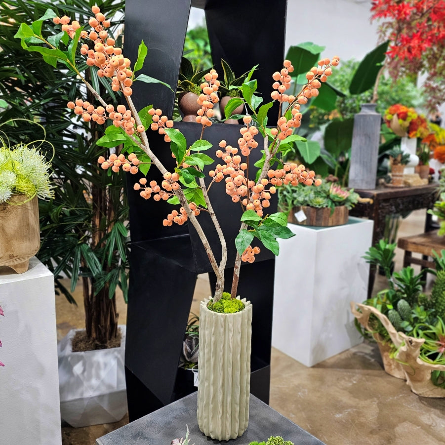 Orange Berries Hand Drilled onto Natural Branches in Textured Ceramic 47"H x 31.5"W x 18.5"D