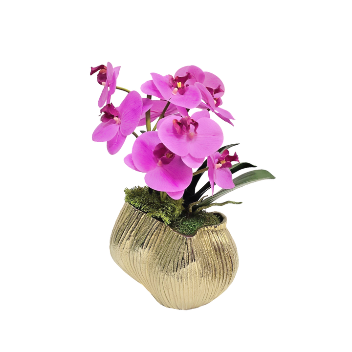 Orchids with Leaves in Textured Metal 7"H x 6.5"W x 4.5"D