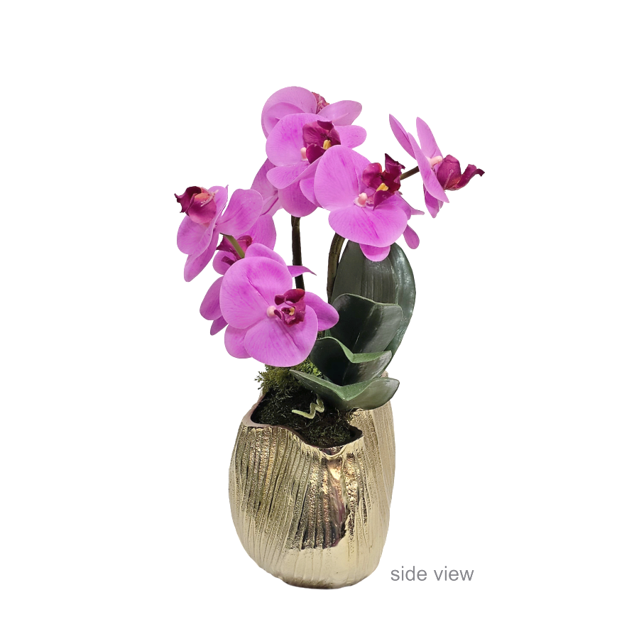 Orchids with Leaves in Textured Metal 7"H x 6.5"W x 4.5"D