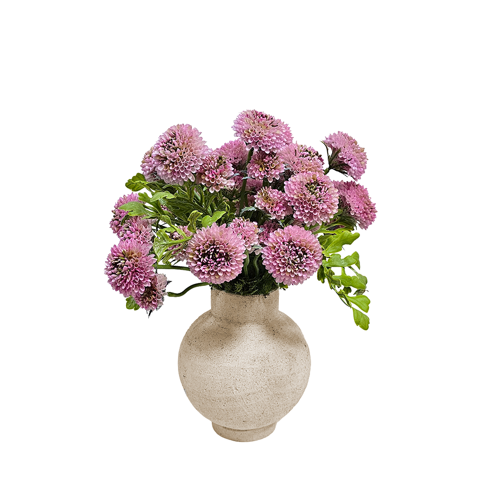 Pom Pom Dahlias with Fern Leaves in Aged Vase  16.5"H X 14"DIA