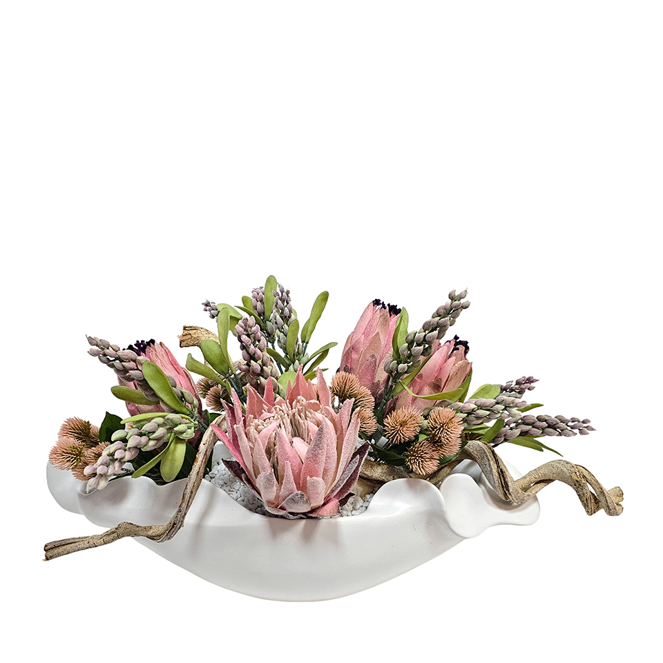 Protea, Berry and Thistle Spray with Twisted Vine in Bowl 12.5" H x 25"W x 18"D