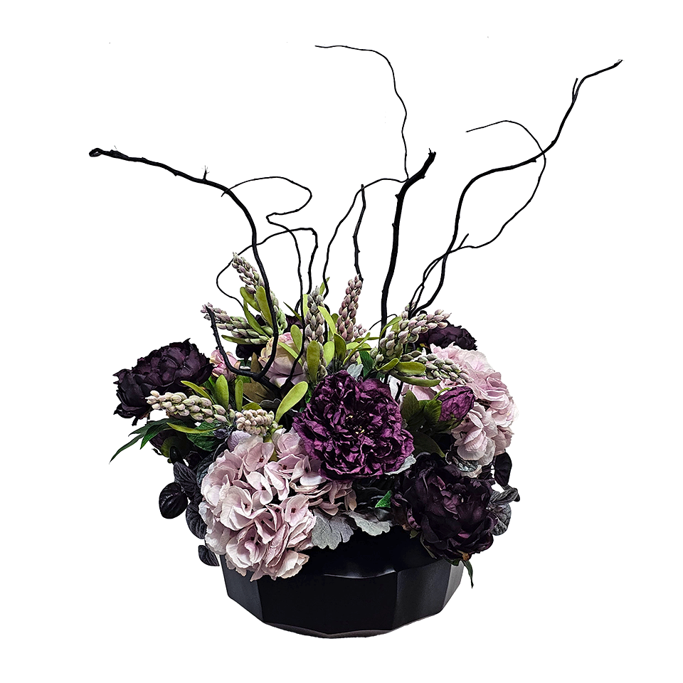 Hydrangeas, Peonies, Berries and Twigs in Round Container 29.5"H x 21.5"W x 22"D