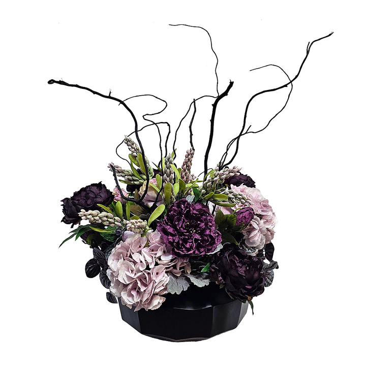 Hydrangeas, Peonies, Berries and Twigs in Round Container 29.5"H x 21.5"W x 22"D