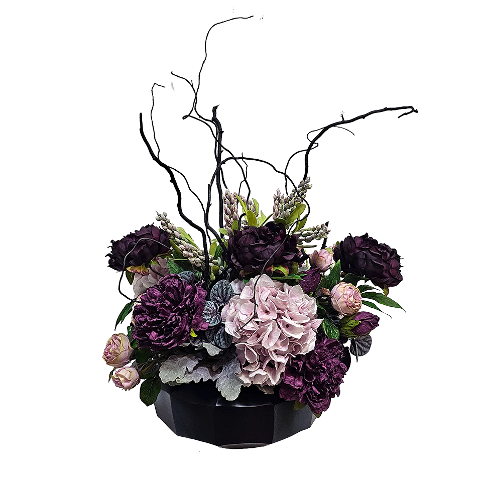 Hydrangeas, Peonies, Berries and Twigs in Round Container 29.5"H x 21.5"W x 22"D