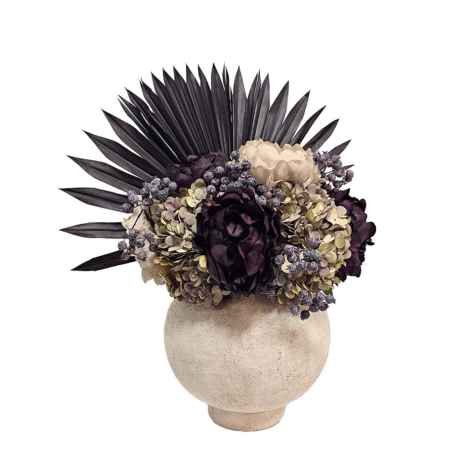 Hydrangeas, Roses and Berries with Dried Palm Fronds in Terra Cotta 19"H x 17.5"W x 13.5"D